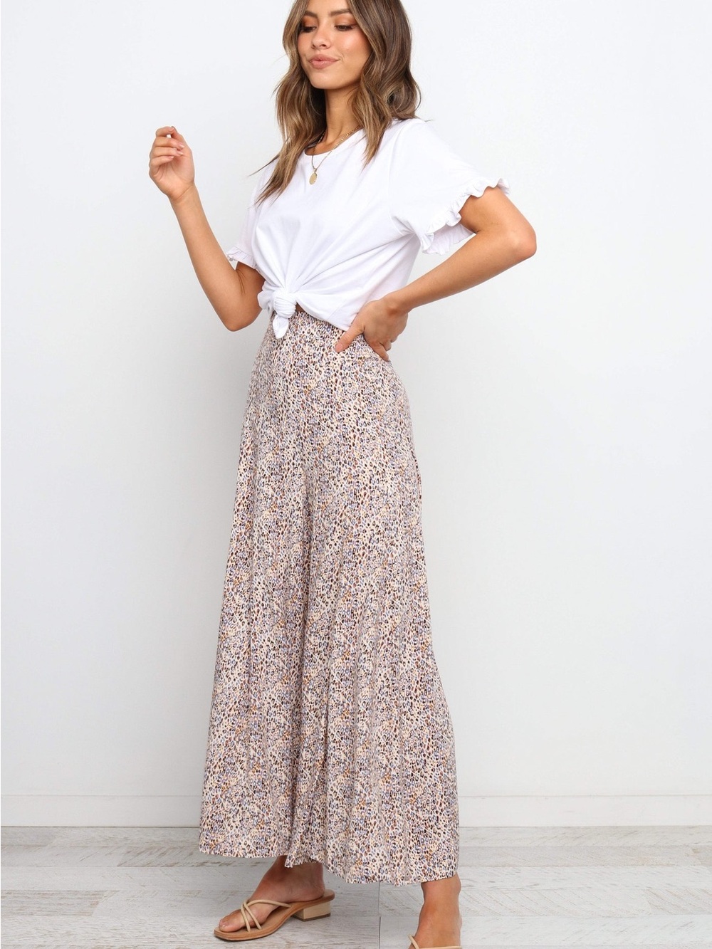 Petal & Pup Leopard Wide-Leg Pants - White, Tan, Blue Size Small